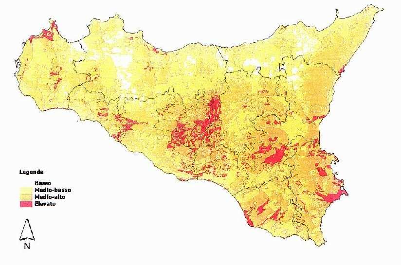 Figura 10 Carta della Vulnerabilità al rischio di desertificazione in Sicilia (scala 1:250.000).