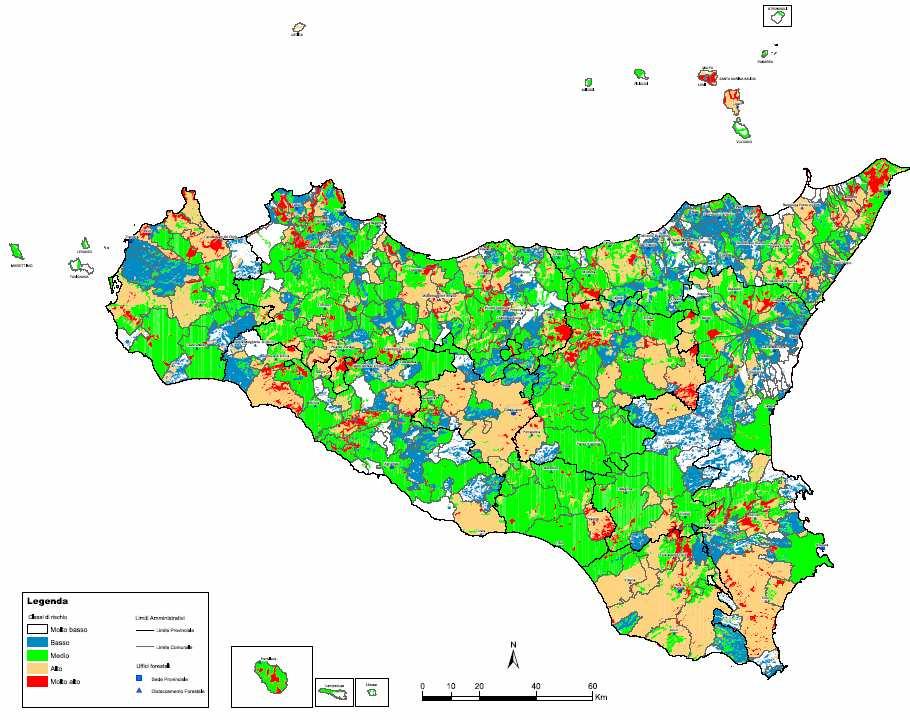 Figura 11 Carta delle aree a rischio di incendio L elevata distruzione del patrimonio naturalistico delle Riserve Naturali regionali costituisce un aspetto di rilevante criticità perché riguarda