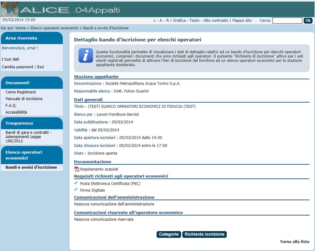 4. Cliccare sul pulsante Richiesta iscrizione riportato in fondo alla pagina accedendo così