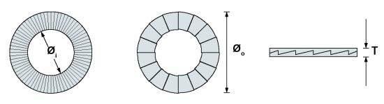 RONDELLE NORD-LOCK Dimensione nominale per vite øi øo T(inox) T(acciaio) [mm] [mm] [mm] [mm] NL3 M3 3,4 7 2,2 1,8 NL4 M4 4,4 7,6 2,2 1,8