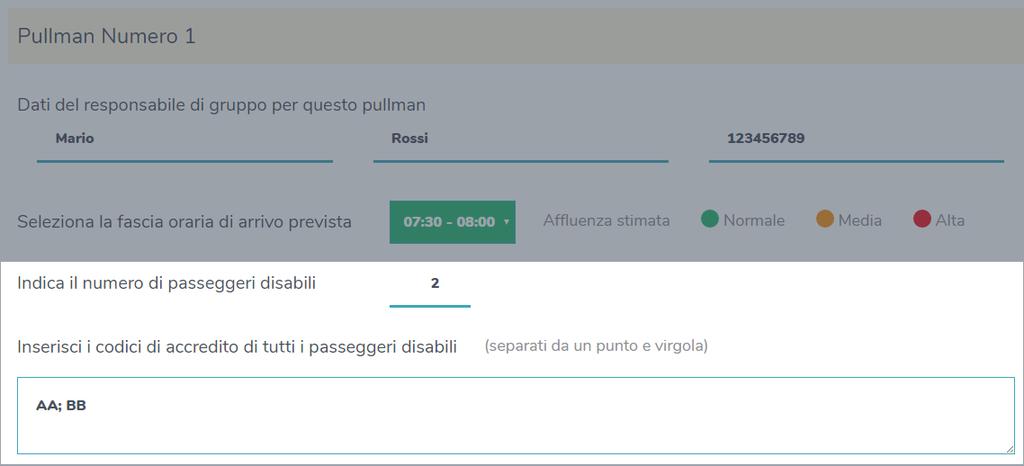 Per ogni parcheggo pullman richiesto è necessario inserire i dati. Aprire la tendina e scegliere la fascia orario di arrivo prevista.