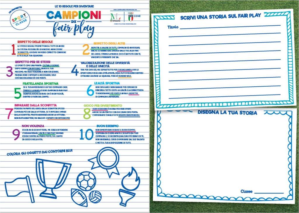 La scheda per gli alunni FRONTE Con le 10 Regole per diventare CAMPIONI DI FAIR PLAY da leggere e i disegni da colorare