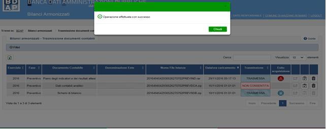 Fig. 13 Bilanci Armonizzati- trasmissione documenti contabili (4 di 4) Terminata la trasmissione l esito ne viene indicato attraverso le seguenti icone: NON ACQUISITO: non vengono