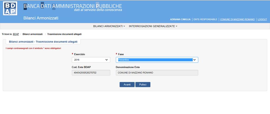 9. Bilanci Armonizzati - Trasmissione Documenti Allegati L utente può utilizzare la trasmissione documenti allegati, per inviare tre tipologie di documenti: (Fig.