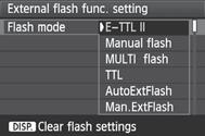 3 Setarea blituluin Functii setabile din meniurile [Built-in flash func. setting] si [External flash func. setting] Functie [Built-in flash func. setting] [External flash func.