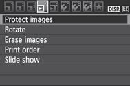 K Protejarea imaginilor Aceasta functie previne stergerea accidentala a imaginii. 1 Selectati [Protect images]. In fereastra [3], selectati [Protect images], apoi apasati <0>.