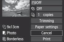 Rotiti ecranul <U> pentru a selecta imaginea ce urmeaza a fi printata. Apasati <0>. Apare meniul de setare a printarii. Ecran setari pentru printare Seteaza efectele de printare (p.180).