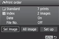 W Ordinul de printare in format digital (DPOF) Realizarea ordinului pentru printare Selectarea imaginii Cantitate Numar de imagini selectate Semn bifat Semn index Selectati si marcati pe rand cu