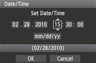 Apasati butonul <M> pentru a afisa meniul. 2 3 4 In fereastra [6], selectati [Date/ Time]. Apasati tasta <U> pentru a selecta fereastra [6].