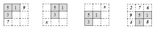 Nel secondo e nel terzo caso al posto della x ci andrebbe il numero 11 (osservare la diagonale), invece nel quarto caso piazzo successivamente il 9, il 7; ora il numero 8 non può stare né nella