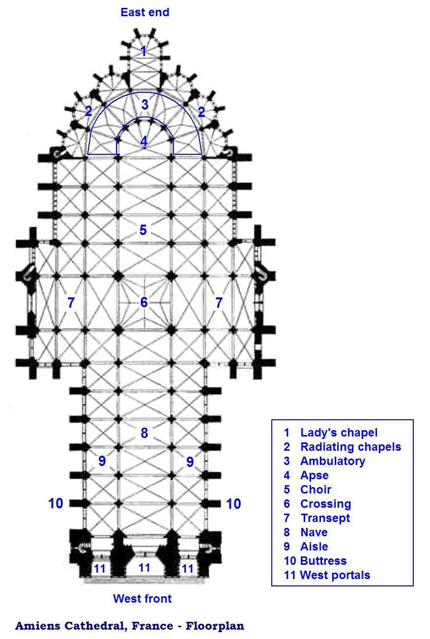 L'edificio, in stile gotico ormai maturo, si estende secondo una struttura a croce latina, dotata di tre navate laterali lungo il corpo del braccio principale, schema che si ripropone nel transetto e