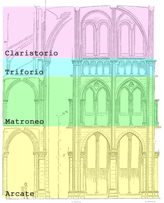 Al di sopra delle arcate la tribuna inizialmente presente (XII secolo) venne in seguito rimpiazzata dal triforio (XIII secolo), realizzato nello spessore del muro e aperto sulla navata centrale o