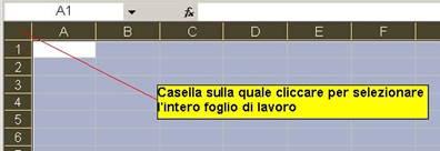 Per selezionare l intero foglio di lavoro dobbiamo portare il puntatore del mouse sulla casella grigia in alto a sinistra, tra le intestazioni di riga e di colonna e cliccare.