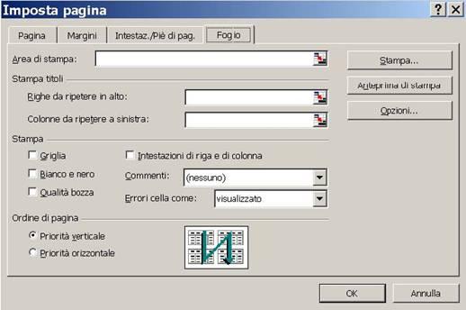 In questa scheda possiamo impostare l area di stampa, dopo aver definito gli intervalli delle celle da stampare, possiamo inserire titoli oppure scegliere se stampare il file in bianco e nero ed