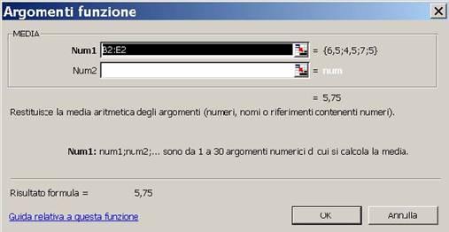 digitare l intervallo di celle nel riquadro Num1 nella finestra Argomenti funzione