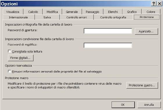 Figura 102: La scheda "Protezione" Per assegnare una password di apertura ad una cartella di lavoro è sufficiente eseguire questi passaggi: 1. Aprire una cartella di lavoro; 2.