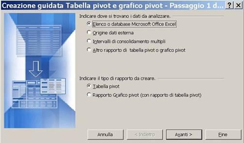 Figura 131: Creazione guidata tabella pivot - Finestra 1 Nel nostro caso scegliamo Elenco o database Microsoft Office Excel poiché i nostri dati sono stati creati con