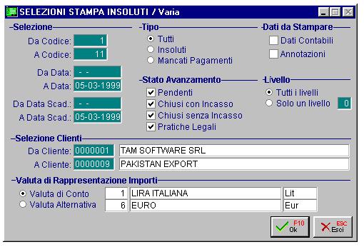 AD HOC WINDOWS MODULO SOLLECITI STAMPA INSOLUTI E MANCATI PAGAMENTI Questa opzione permette di ottenere una stampa sintetica degli insoluti e mancati pagamenti La selezione permette di impostare l