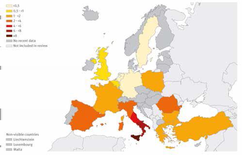 Prevalenza di Epatite C nella popolazione generale in Europa.Tratto da: Hepatitis B and C in the neighbourhood: prevalence, burden of disease and screening policies.