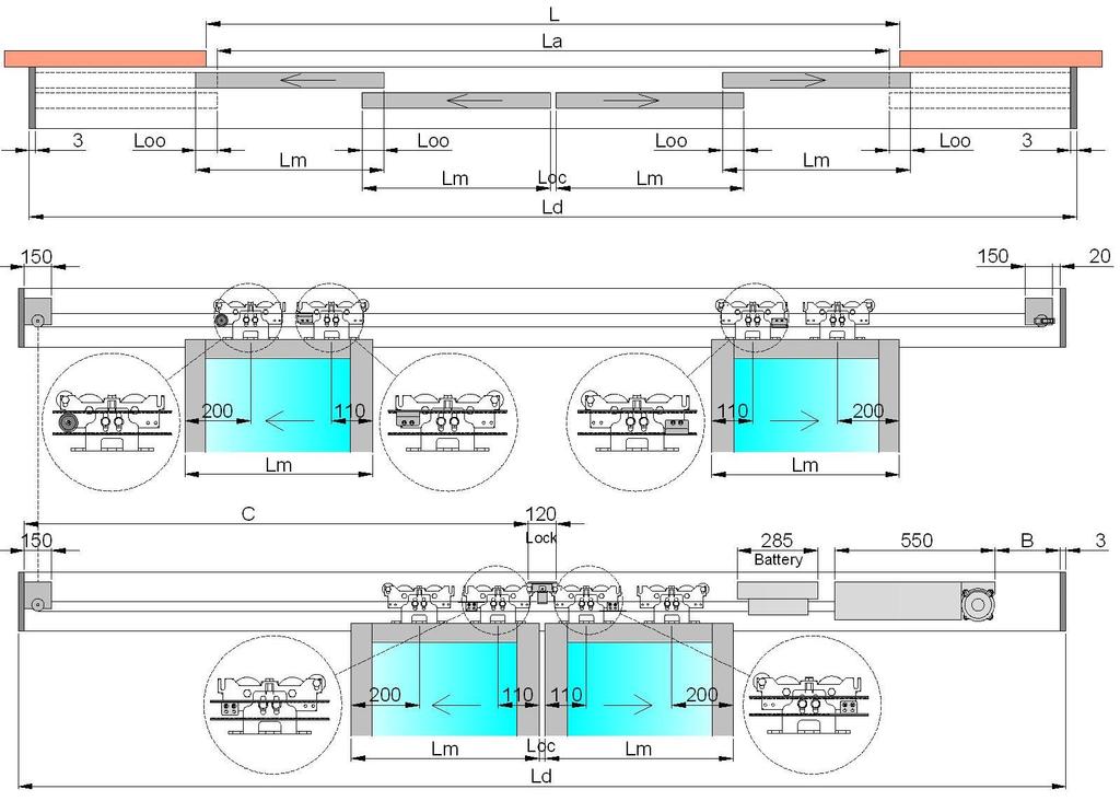 4.7 DIMENSIONAMENTO PORTA TELESCOPICA CON 4 ANTE SCORREVOLI Ld = La + 2Lm + 6 lunghezza automazione La = 4Lm + Loc 4Loo larghezza del vano passaggio Lm = (La Loc + 4Loo) / 4 larghezza anta Loo =