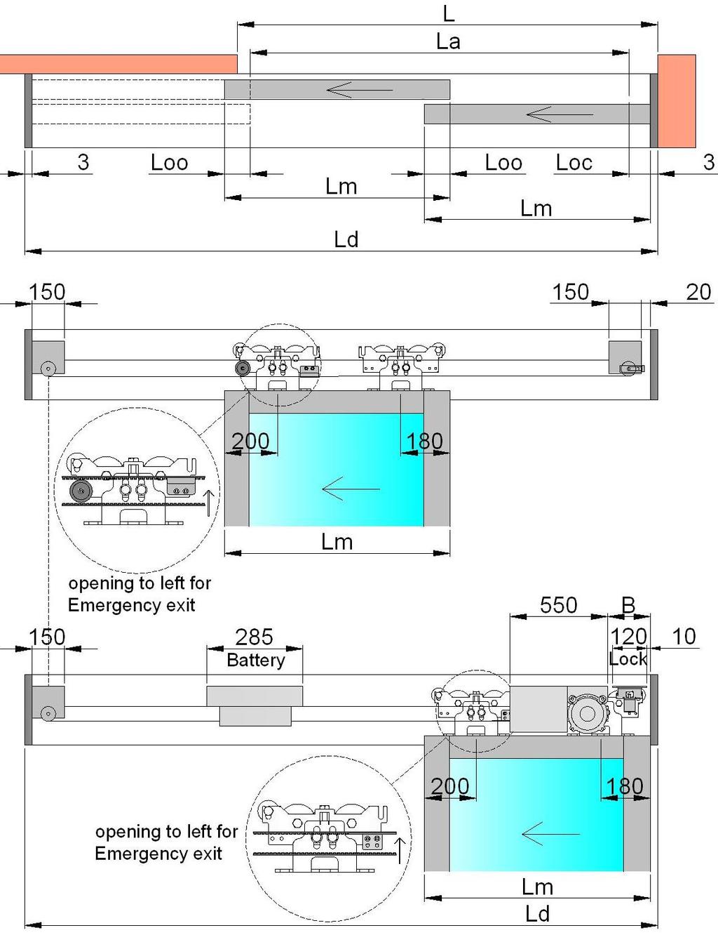 4.9 DIMENSIONAMENTO PORTA TELESCOPICA CON 2 ANTE SCORREVOLI APERTURA A SINISTRA Ld = La + Lm + Loc + 6 lunghezza automazione La = 2Lm Loc 2Loo larghezza del vano passaggio Lm = (La + Loc + 2Loo) / 2