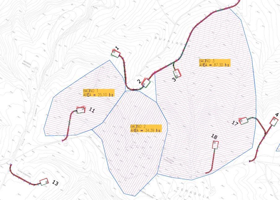 5. OMBINI IDRAULICI In base ai tracciati della viabilità di accesso al parco sono state analizzate le interferenze tra il reticolo idrografico ed i tracciati stradali.