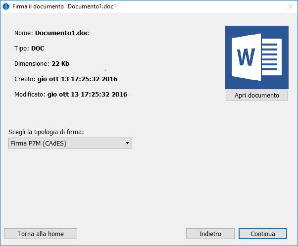 Per i file in formato diverso da pdf, DikeIC, una volta caricato il file, ne presenta gli estremi (nome, tipo, dimensione, date di creazione ed ultima modifica) e mette a disposizione il pulsante