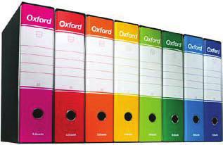 isponibile la scatola archivio ox Oxford, contenente 6 registratori protocollo 8 cm in colori assortiti (blu, rosso, verde, fucsia, giallo, arancio) e riutilizzabile come scatola archivio. odice Rif.