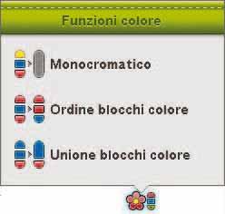 8 Esecuzione ricamo BARRA A SCOMPARSA In Esecuzione ricamo è presente l Elenco blocchi colore, le Funzioni colore e Imbastisci nel telaio sulla barra a scomparsa.
