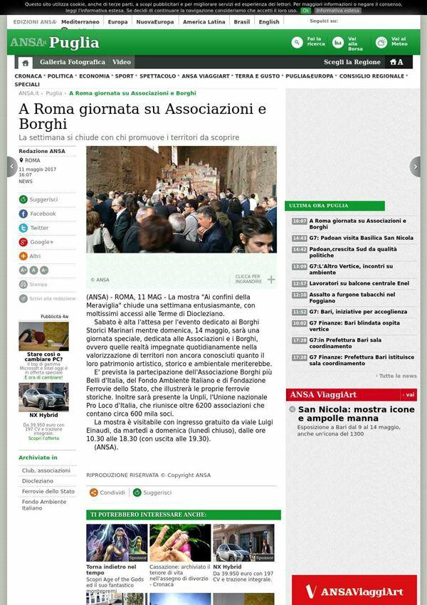 Ansa A Roma giornata su Associazioni e Borghi (ANSA) ROMA, 11 MAG La mostra "Ai confini della Meraviglia" chiude una settimana entusiasmante, con moltissimi accessi alle Terme di Diocleziano.