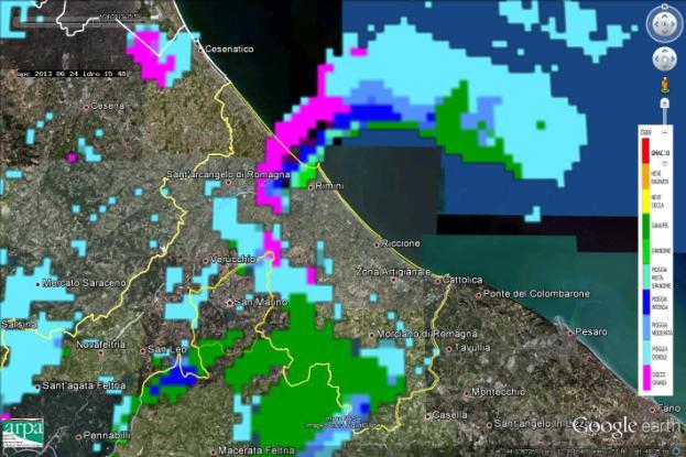 mappe di classificazione del tipo di precipitazione in Figura 7, si osserva la