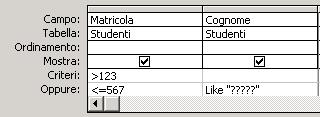 numero di matricola inferiore o uguale a 567 e hanno un cognome con cinque carattere Mostrare/nascondere campi Eseguire una query Fare clic sulla casella di selezione Mostra nella colonna del campo