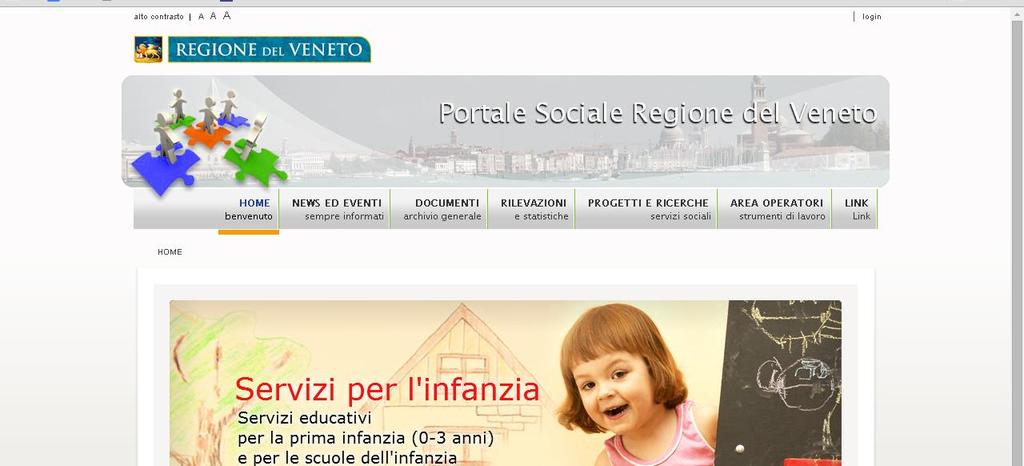 Come accedere al portale Prima Infanzia Per accedere al portale Prima Infanzia è necessario collegarsi al sito https://sociale.regione.veneto.it e cliccare su Area Operatori Fig.