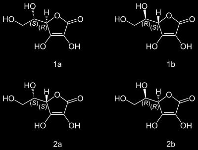 1a Acido L-ascorbico ( vit.c ) 1b Acido D-ascorbico 2a Acido L-isoascorbico 2b Acido D-isoascorbico Il nome IUPAC della vitamina C è (5R)-[(1S)-1,2-diidrossietil]-3,4-diidrossifuran-2(5H)-one.