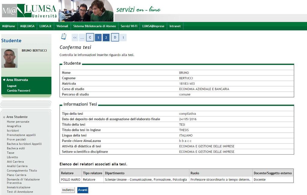 Il sistema visualizza tutti i dati relativi al titolo dell'elaborato finale già inseriti dallo studente in fase