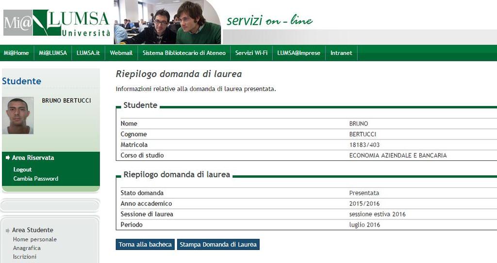 Premere per stampare la domanda di laurea. Il modulo dovrà essere firmato dallo studente e consegnato, provvisto di marca da bollo di.