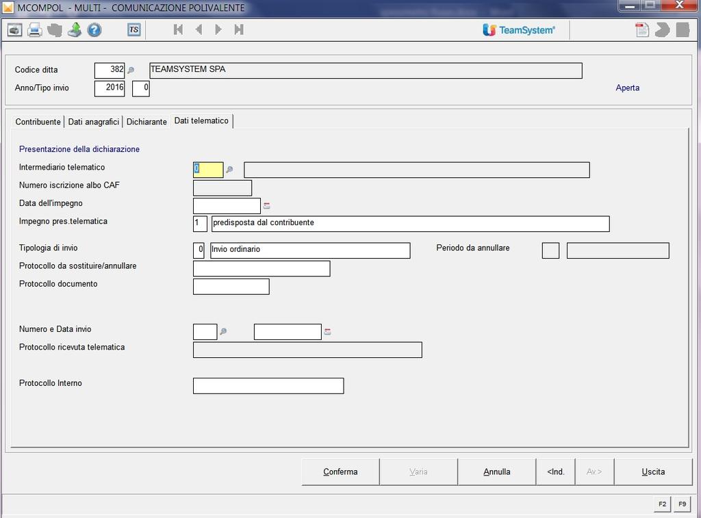 compilare il campo Impegno pres. Telematica.