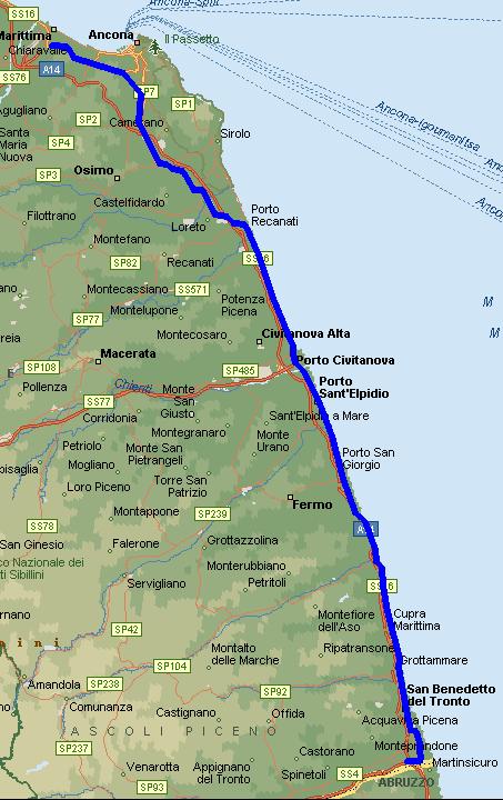 A/14 Bologna - Taranto tratto Ancona Nord - San Benedetto del Tronto Uscita: Ancona Nord Entrata: San Benedetto del Tronto 95 Km SS 16