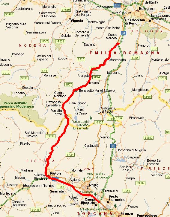 A/1 Milano - Napoli tratto Bologna - Firenze Uscita: Sasso Marconi Entrata: Firenze Nord 116 Km SS64 Porrettana - Marzabotto -