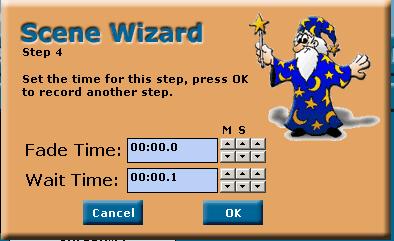 Passo 6: Inserire nel campo Fade e Wait il valore di tempo desiderato, quindi il programma procede con il passo successivo. Scegliere un tempo di Wait molto breve essendo questo il primo della scena.