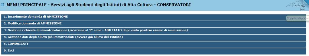 MODIFICA DOMANDE DI AMMISSIONE Per modificare la domanda già inserita, sempre che il Conservatorio non l'abbia già registrata, procedere come segue: una volta ricevute le credenziali per accedere al