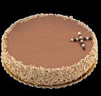 CRUNCHY COOKIE WITH COCOA AND HAZELNUT, TWO LAYERS OF PARFAIT CHOCOLATE AND HAZELNUT, COVERED WITH ICING HAZELNUT.