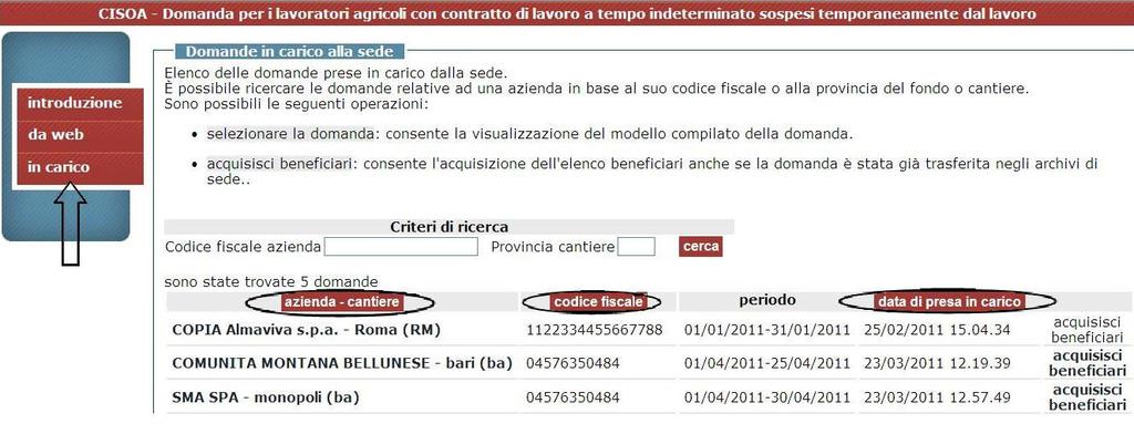 5. Domande in carico alla sede La funzione in carico permette di visualizzare l elenco delle domande già prese in carico dalla sede e, se possibile, consente l inserimento di alcuni dati dei