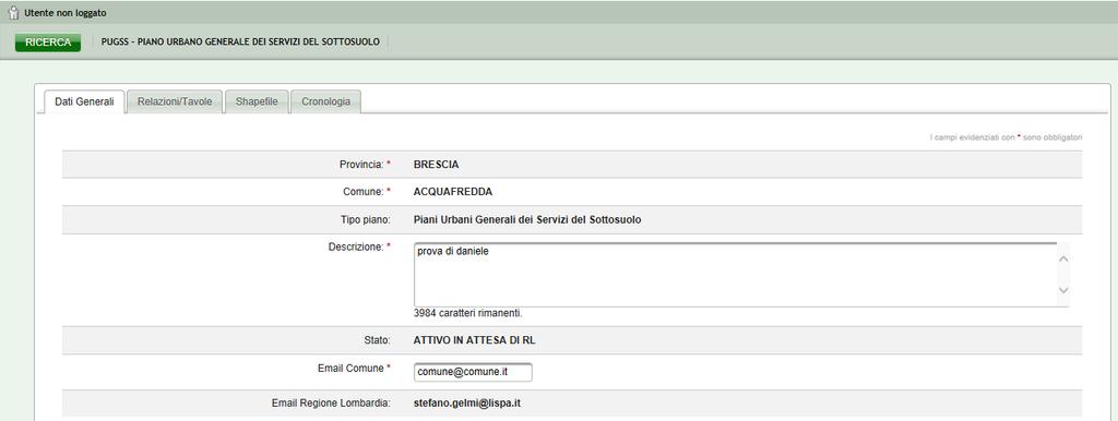 4.2 Funzionalità utente Comunale L'utente Comunale visualizza il form con i relativi campi modificabili ed i pulsanti di gestione "SALVA", "RESET" ed "ELIMINA".