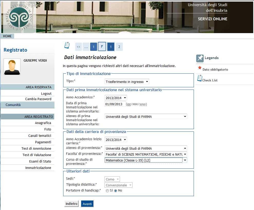 24 inserire i dati richiesti, compresi l Ateneo di provenienza