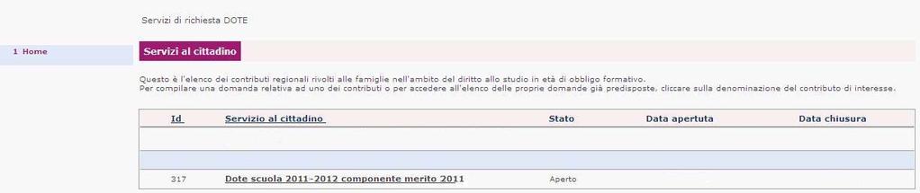 Cliccando sulla denominazione del bando (Dote scuola 2016/2017 componente Merito) si accede alle domande già presentate dal cittadino con la possibilità di compilare una nuova domanda.