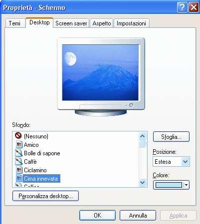 Cambiare lo sfondo del Desktop Dalla scheda Desktop della finestra Proprietà Schermo è possibile cambiare lo sfondo del Desktop.