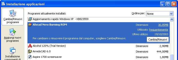 Installazione Applicazioni La prima schermata visualizzata non è altro che l elenco dei programmi installati sul computer (questa schermata è associata al pulsante Cambia/Rimuovi programmi sulla