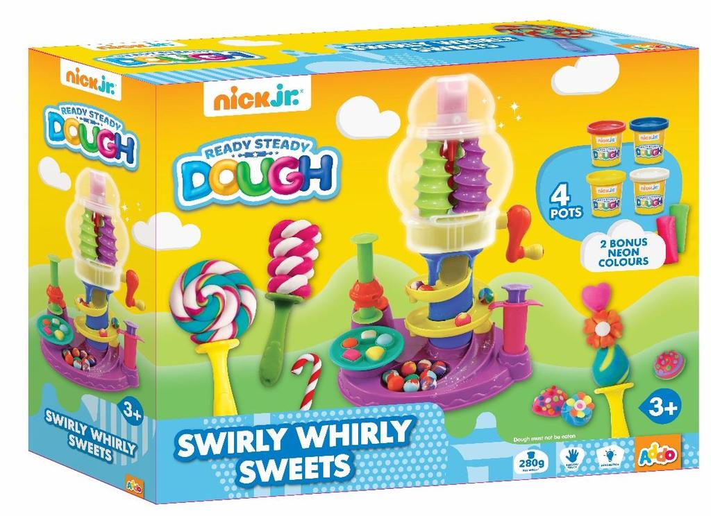 3+ 318-13101-N Nick Jr Swirly Whirly Sweets Caratteristiche: L incredibile macchina dei dolci Swirly Whirly ti permetterà di combinare fino a quattro colori e creare deliziosi dolcetti e