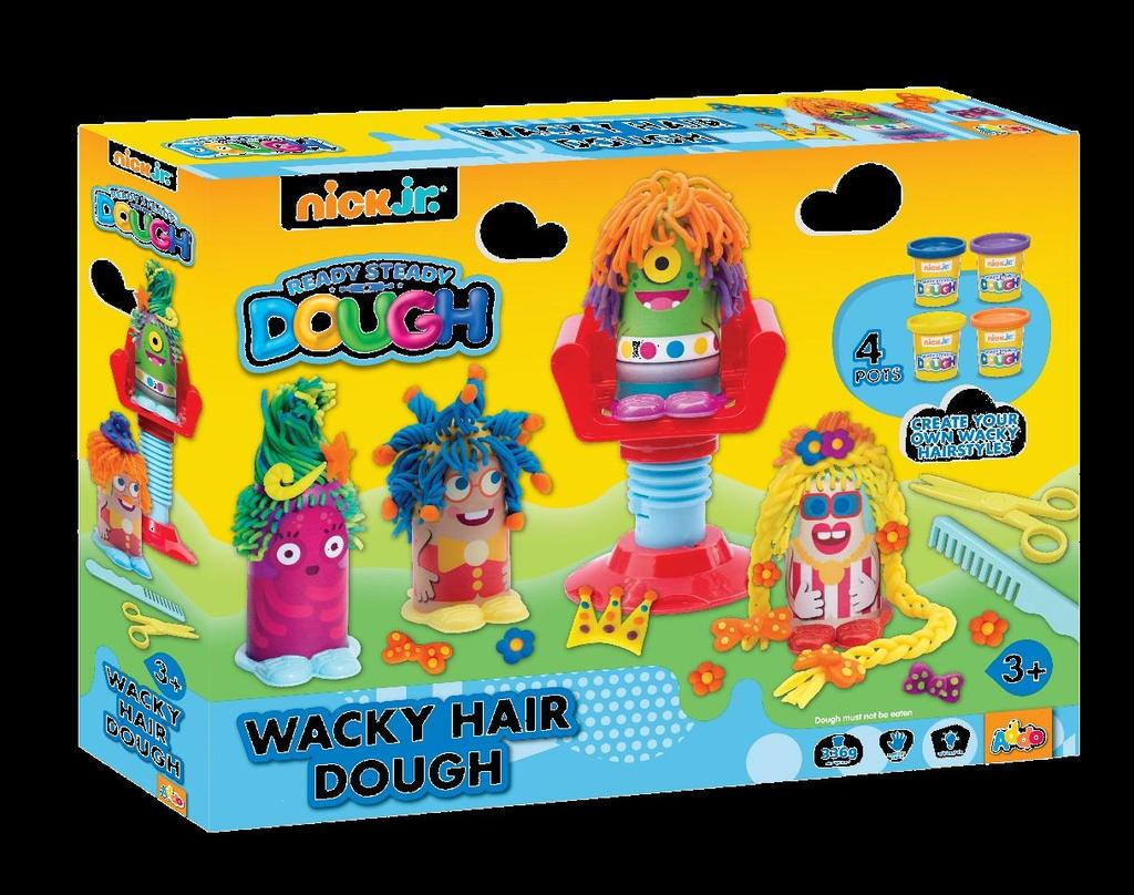 3+ 318-13106-N Nick Jr Wacky Hair Dough Caratteristiche: Divertiti a creare le acconciature più cool e fantasiose, hai tutto il necessario per liberare il tuo talento Include 4 vasetti ass.